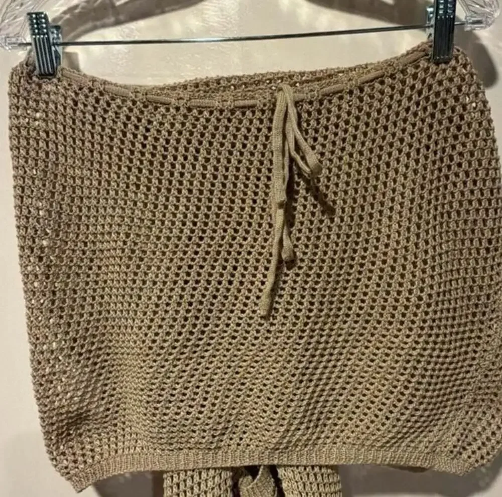 Tan Crochet Long Sleeve Beach Cover-Up Dress with O-Ring Cutout